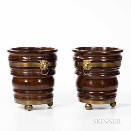 Pair of Brass-mounted Turned Wooden Pots