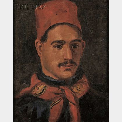 Attributed to William Morris Hunt (American, 1824-1879) Portrait of a Man Wearing a Red Fez.