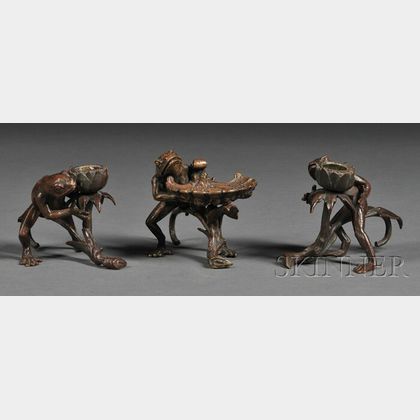 Pair of Bronze Frog Candlesticks and Dish
