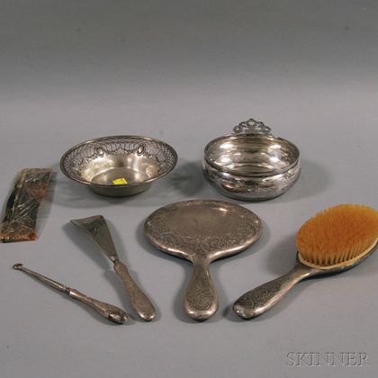 Assembled Five-piece Sterling Silver-mounted Dresser Set and Two Pieces of Tableware