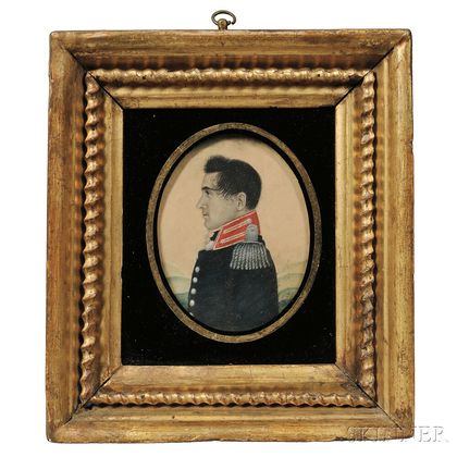 American School, Early 19th Century Miniature Profile Portrait of an American Militia Officer
