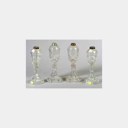 Two Pairs Colorless Pressed Pattern Glass Fluid Lamps