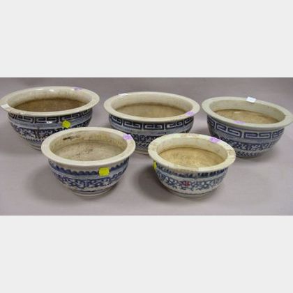 Set of Three Chinese Export Blue and White Porcelain Censers and Two Blue and White Censers. 