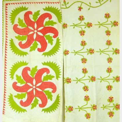 Two Red and Green Applique Cotton Quilts