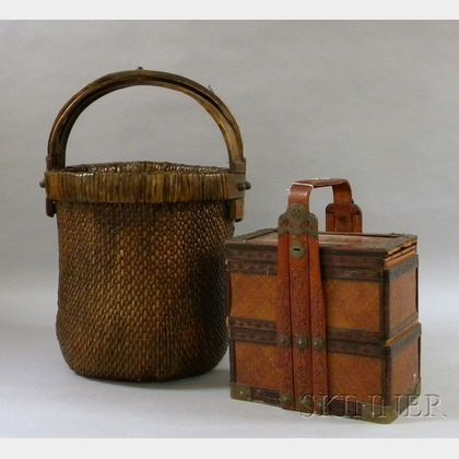 Large Asian Basket and Woven Box with Wooden Handle