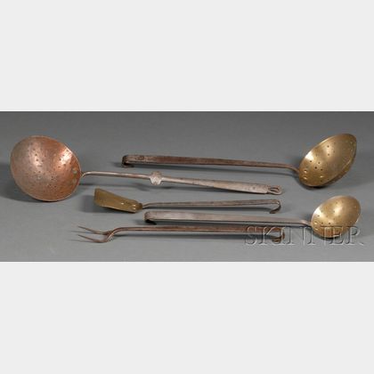 Five Brass or Copper, and Wrought Iron Culinary Tools