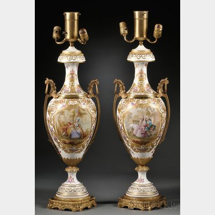 Pair of Bronze-mounted Sevres-style Porcelain Lamp Bases