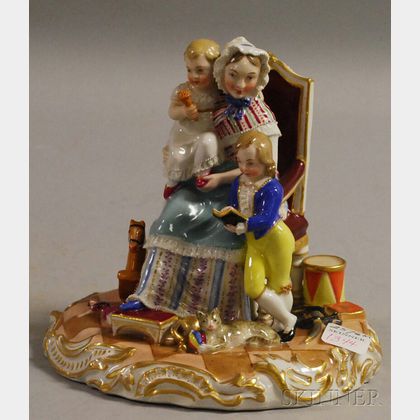 Austrian Hand-painted Porcelain Figural Group of a Mother with Children, Toys, and Pets