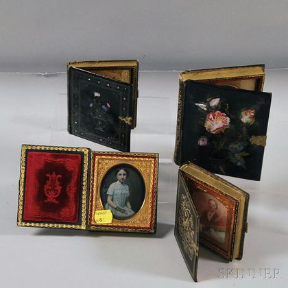 Four Daguerreotype Portraits in Abalone-inlaid Lacquer and Album-type Cases