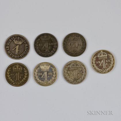Seven British 4 Pence Maundy Coins