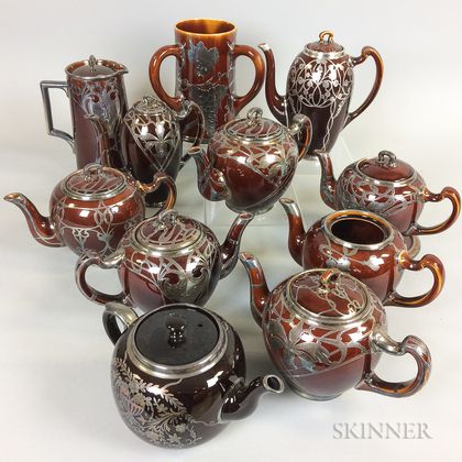 Twelve Pieces of Brown-glazed Silver Overlay Ceramic Tableware