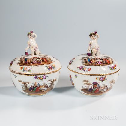 Pair of KPM Berlin Porcelain Covered Punch Bowls