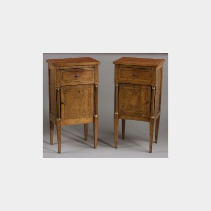 Pair of Italian Neoclassical Marquetry Inlaid Fruitwood Night Tables