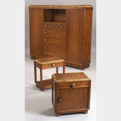 Louis Majorelle Art Deco Parcel-gilt Carved Mahogany and Fruitwood Veneer Wardrobe and Two Side Tables