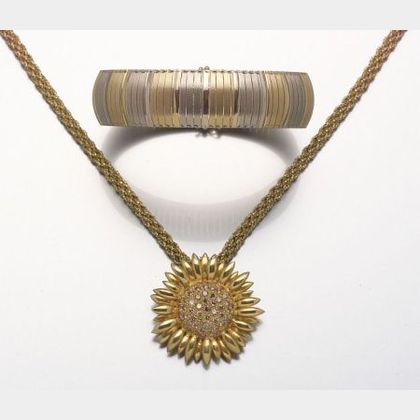 Italian 14kt Bi-Colored Gold Bracelet and an 18kt Gold and Diamond Sunflower Pendant with Chain. 
