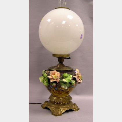 Victorian Aesthetic Cast Brass Mounted Faience Table Lamp with Glass Globe. 