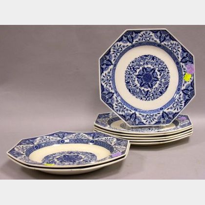 Set of Eight Mintons Octagonal Blue and White Denmark Pattern Ceramic Plates