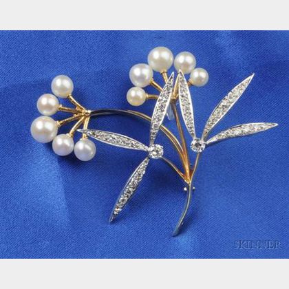 Cultured Pearl and Diamond Brooch, France