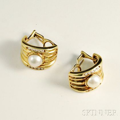 14kt Gold, Diamond, and Cultured Pearl Earclips