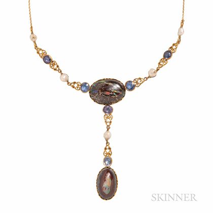 Art Nouveau Gold and Boulder Opal Necklace