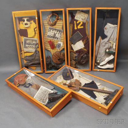 Six Shadow Boxes with Assembled Sports Memorabilia