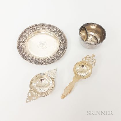 S. Kirk & Son Sterling Silver Repousse Plate, Tea Strainer, Cup with Built-in Strainer, and Silver-plated Tea Strainer
