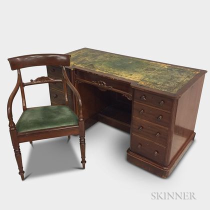 Victorian Leather-top Mahogany Veneer Desk and a Late Regency Armchair