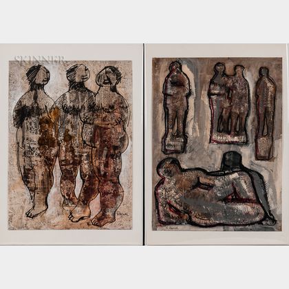 Oreste Dequel (Italian, 1923-1989) Two Works: Three Standing Figures