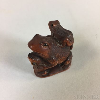 Carved Wood Netsuke of Three Frogs