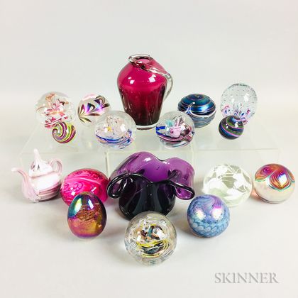 Fifteen Glass Paperweights and Two Glass Marbles
