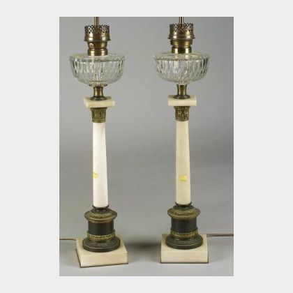 Pair of Marble, Cut Glass, and Ormolu Mounted Oil Lamps