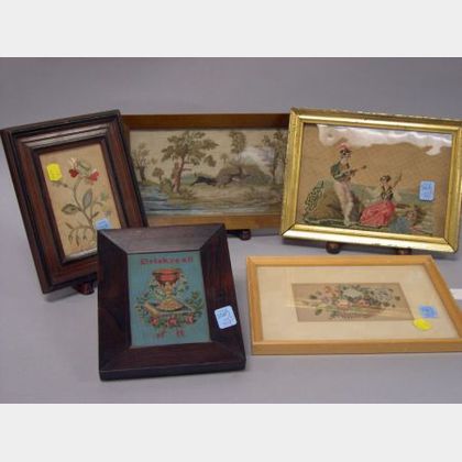 Five Framed Floral and Scenic Needlepoint and Embroidered Items. 