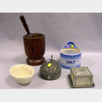 Glazed Stoneware Salt Box, Pottery Sheaf of Wheat Pudding Mold, Two Tin Molds and a Wooden Mortar and Pestle. 