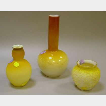 Victorian Satin Peachblow Vase, a Yellow Coraline Vase, and a Cased and Gilt Tinsel Glass Bottle Vase. 