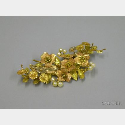 15kt Tri-color Gold and Pearl Floral Spray Brooch