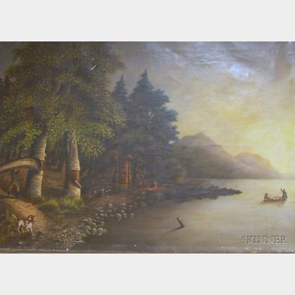 Unframed 19th Century American School Oil on Canvas of an Encampment by a Lake