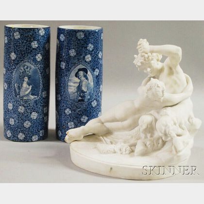 Parian Figural Group and a Pair of Blue Transfer-decorated Vases