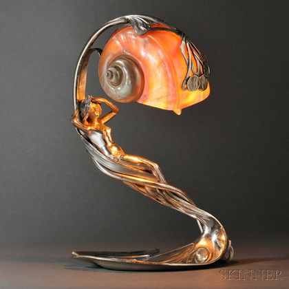 Art Nouveau Figural Table Lamp with Shell Shade 