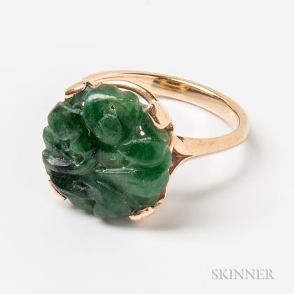 14kt Gold and Carved Spinach Jadeite Ring