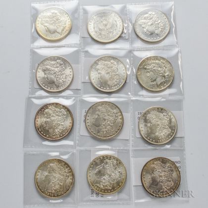 Eleven Mostly Uncirculated Morgan Dollars and a 1927 Peace Dollar