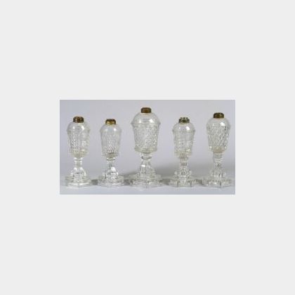 Five Colorless Pressed Pattern Glass Fluid Lamps