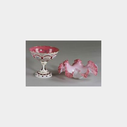 Bohemian White-Flashed Cranberry Cut Glass and Enamel Decorated Fruit Bowl