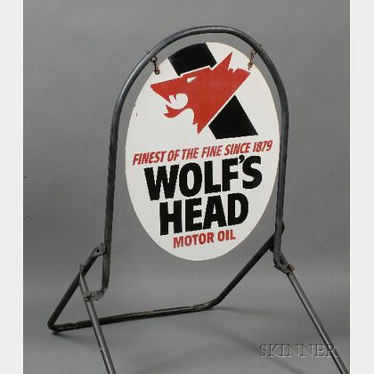 Wolfs Head Motor Oil Sign on Stand.
