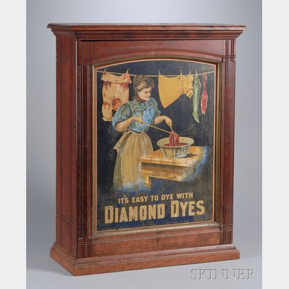 Chromolithograph Diamond Dyes Tin Panel and Birch Retail Counter Cabinet