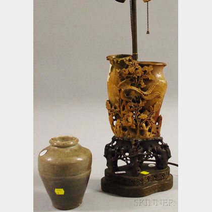 Chinese Carved Soapstone Double Vase and a Thai Glazed Stoneware Vase
