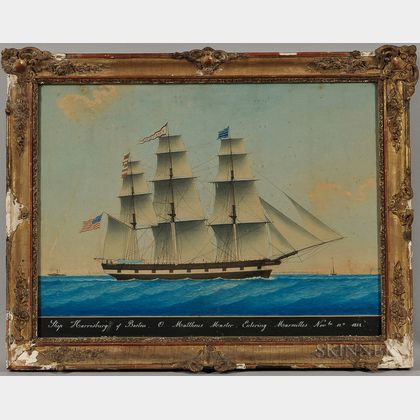 Honore Pellegrin (France, England, United States, 1793-1869),Ship Harrisburg of Boston O. Matthews Master, Entering Marseilles Novbr 1