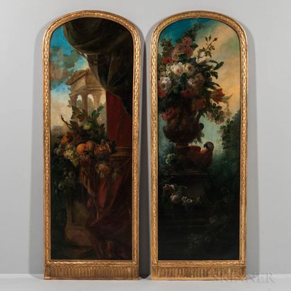 Continental School, 17th Century Style, Pair of Painted Panels: Opulent Fruit Still Life on a Pedestal with Drapery and Classical Ruins