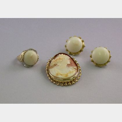 14kt Gold, Diamond, and Coral Ring, a Pair of 18kt Gold and Coral Earrings, and a 10kt Gold Framed Shell Carved... 
