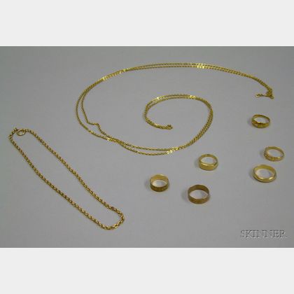 Five Gold Bands, a 10kt Gold Signet Ring, and Two Gold Chains. 