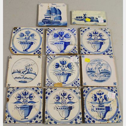 Ten Delft Blue and White Pottery Tiles and a Small Dutch Landscape-decorated Tile